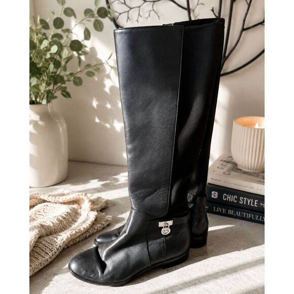 Michael Kors Shoes - Michael Kors Logo Black Leather Knee High Riding Boots Womens Size 7 Zip Classic